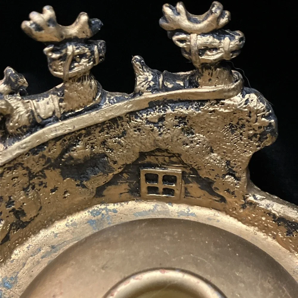 Vintage Christmas Santa Sleigh & Reindeer Bronze Tone Resin Table Candle Holder